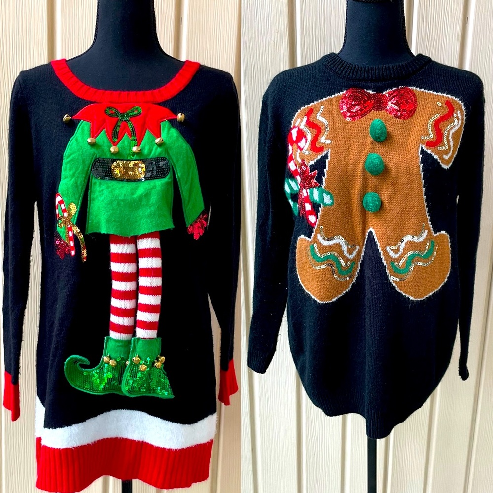 TWO Duo Couple Pair Ugly Christmas Sweaters for Party